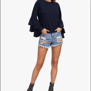 Ladies navy blue boutique ruffle sleeve dress blouse perfect with jeans S NWT